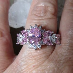 Pink Ice & white CZ cocktail ring Size 6, 7 1010